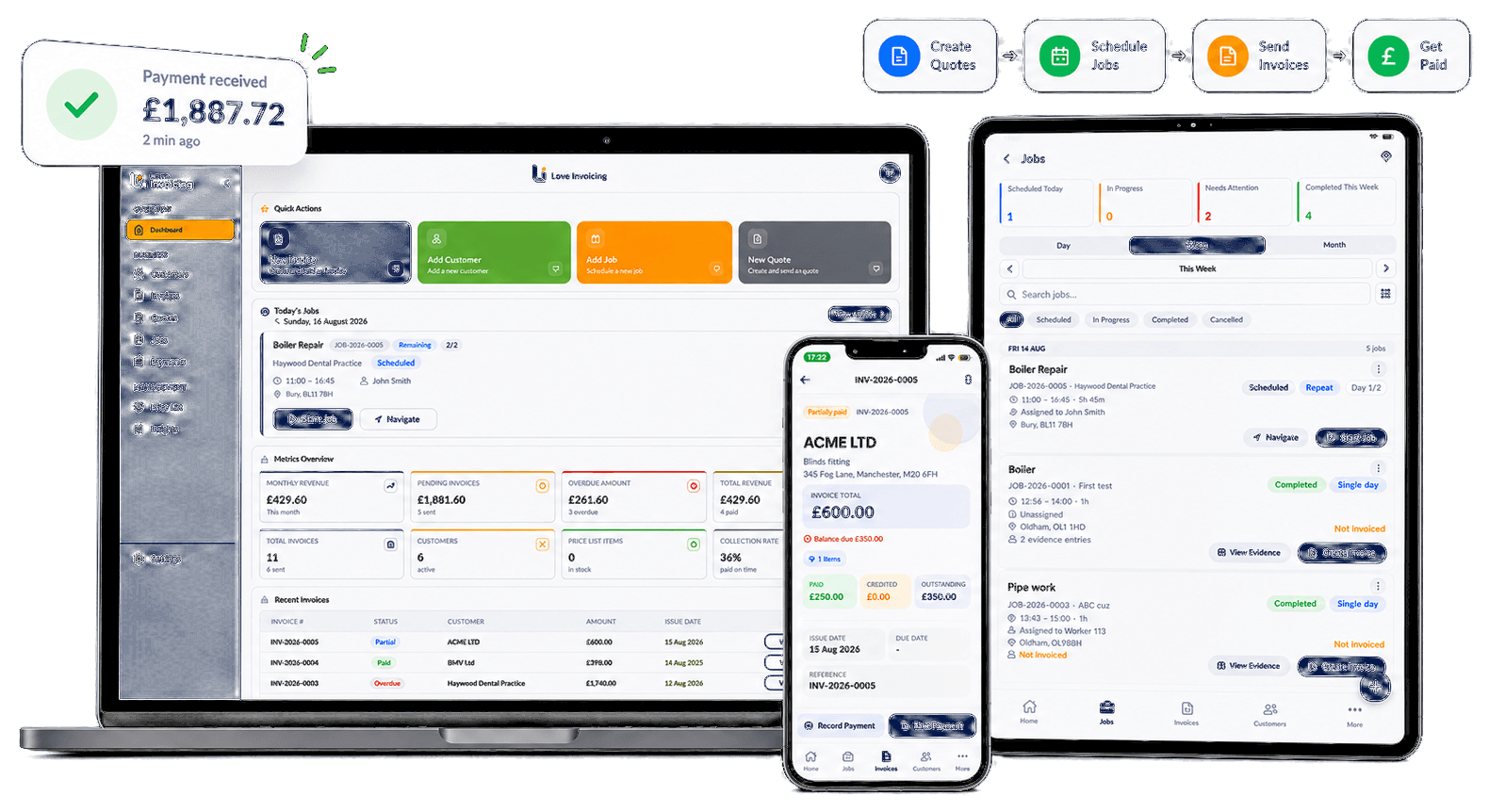 Love Invoicing on laptop, phone, and tablet — create quotes, schedule jobs, send invoices, get paid