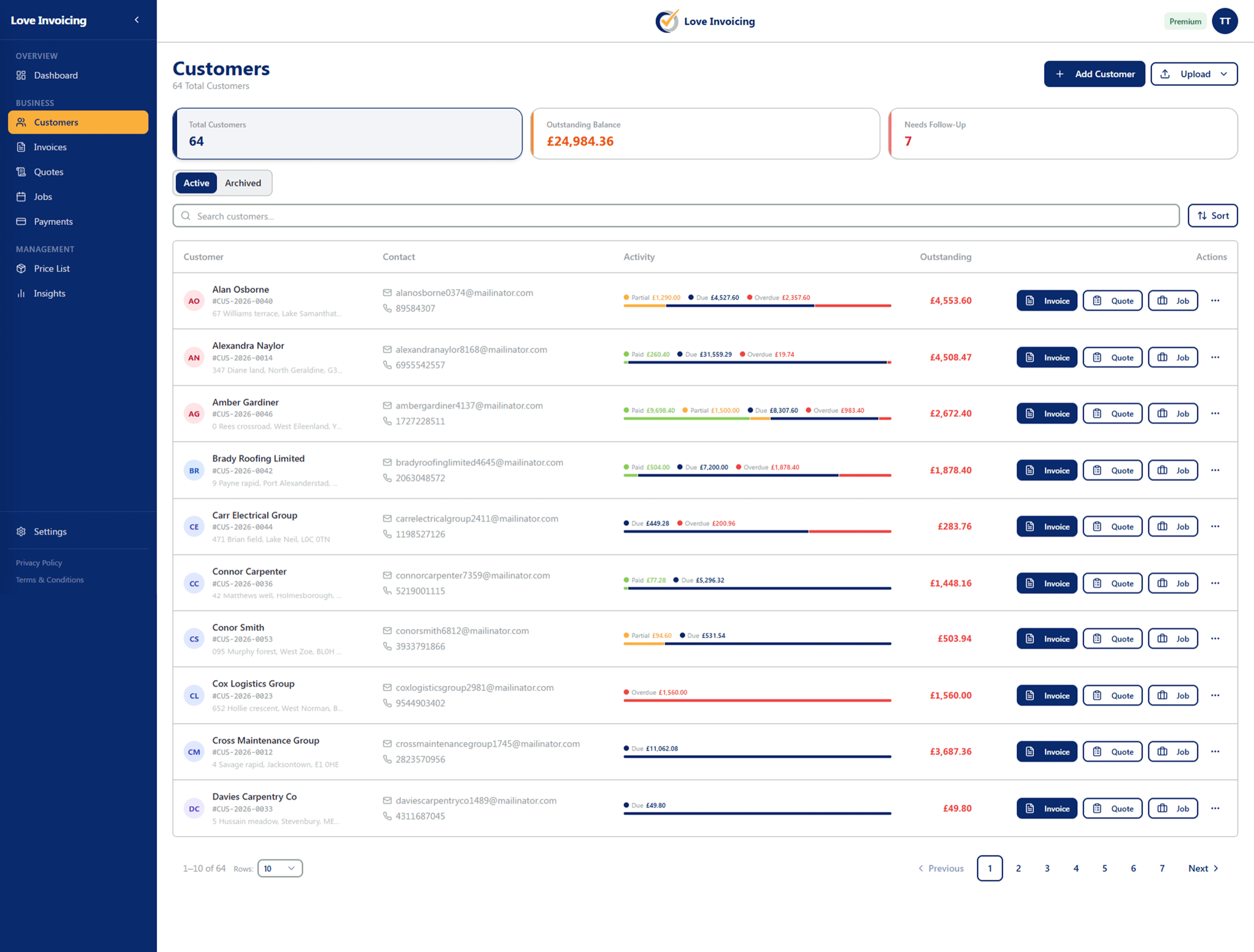 Love Invoicing customer management screen with overdue invoice tracking